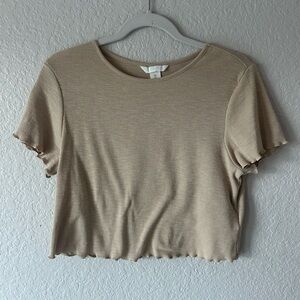 H&M Beige Ribbed Crop Top L Short Sleeve Lettuce Hem Fitted Tee Neutral